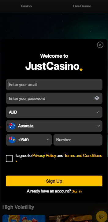 JustCasino mobile app Sign up